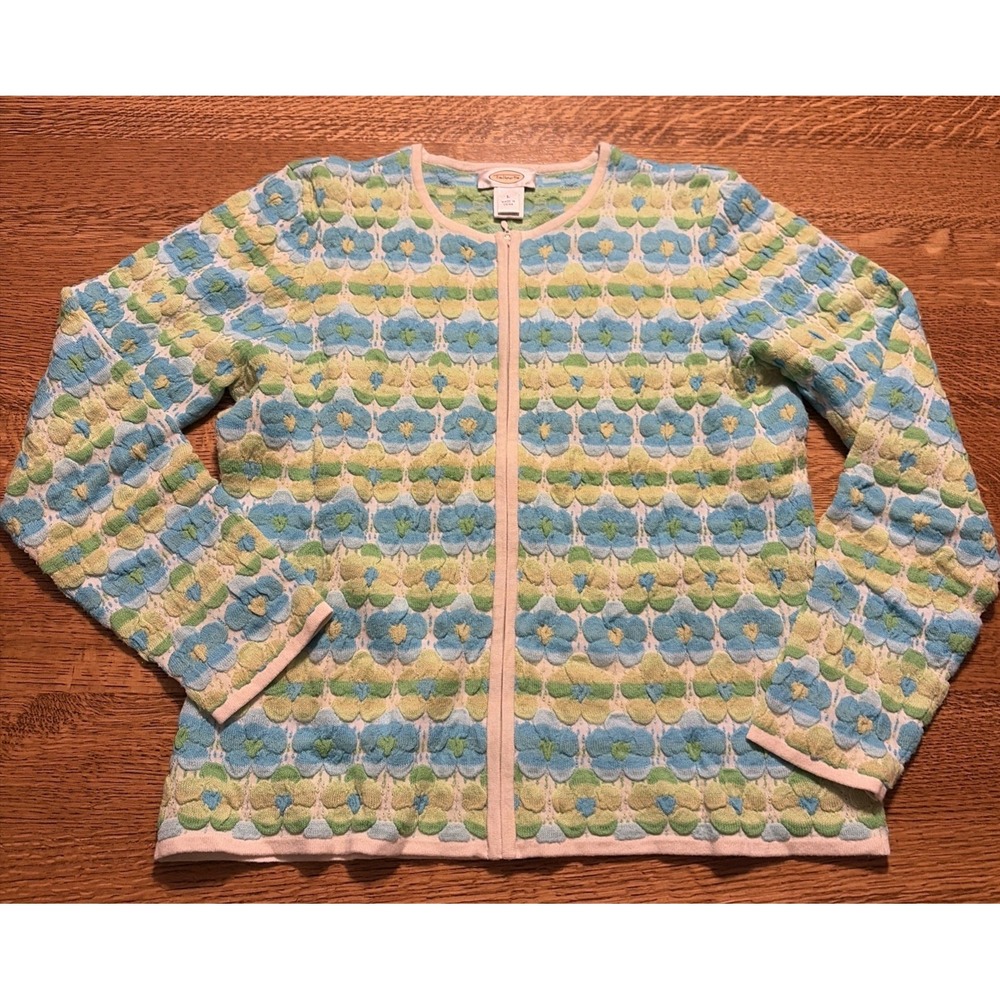 Vtg Talbots Retro Women Full Zip Cardigan Sweater 3D Floral Soft Blue Green Sz L